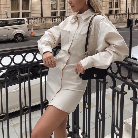 Zara Dresses & Skirts - NEW Zara Short/Mini Ruched Shirt Dress in Cream XL